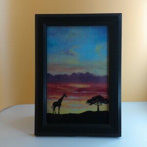 Sun Set Giraffe 4"x6" within a new black wood Frame, Africa, trees, natural
